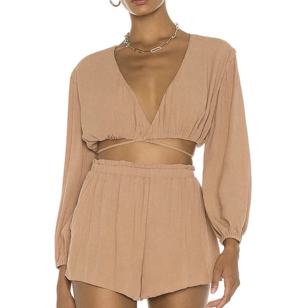 Camila Coelho Hattie Crop Top Sz S Taupe Long Slv Boho Coquette